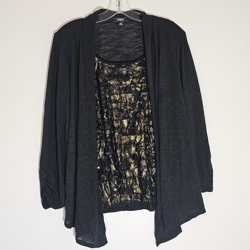 Elementz Top Womens Medium Gold Black Open Front Layered 2fer Ruffled Sparkle M‎